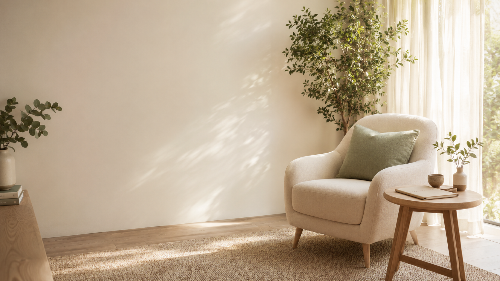 A calm, softly lit sitting room with a comfortable armchair and a leafy plant.